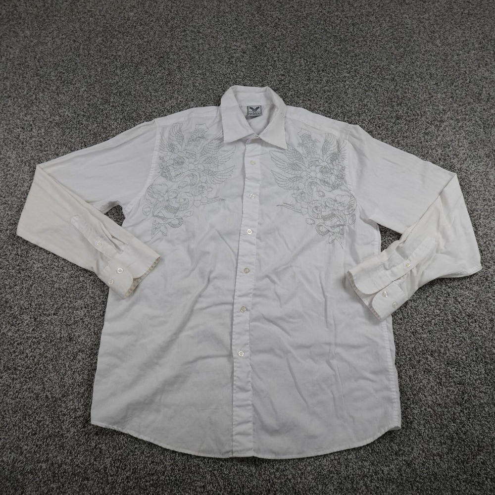 Avirex Shirt Mens L White Long Sleeve Button Up Cyber Goth Emo Skull Snake Y2K